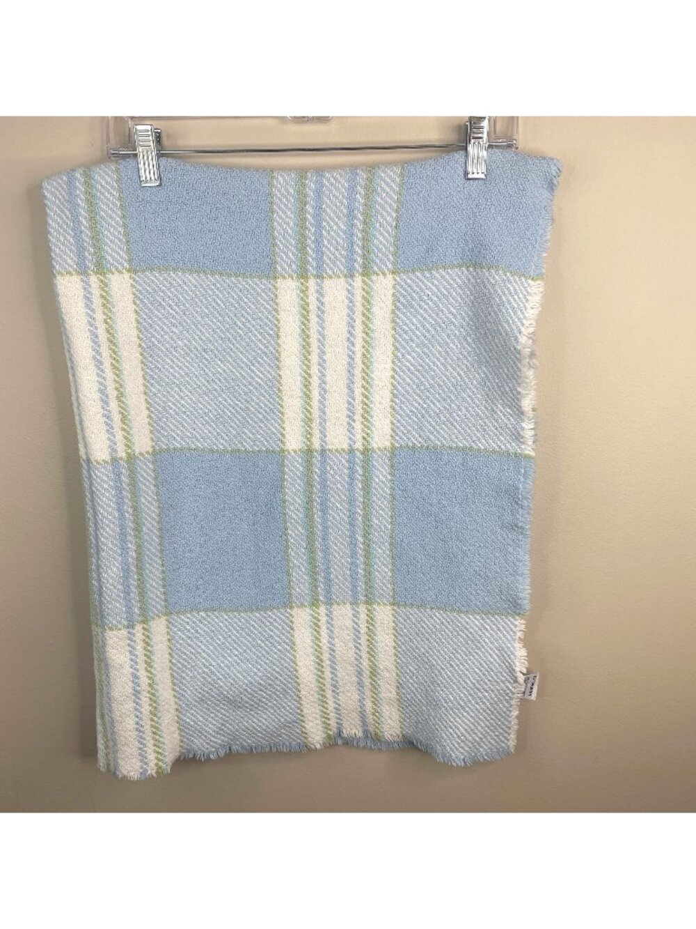Berea College Crafts Handwoven Soft Blue Baby Blanket Plaid Stripes Fringe Edge
